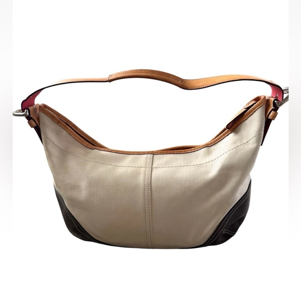 Coach SoHo Hobo Twill Leather 
Cream Brown Zip Top Bag Adjustable Strap